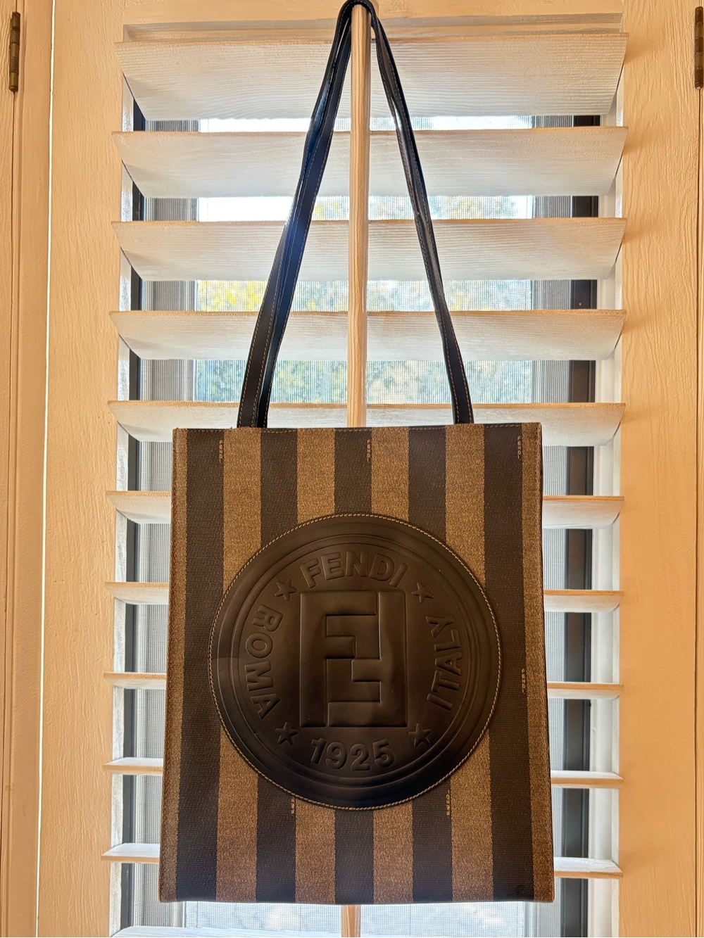 Fendi Pequin Striped Canvas Tote with Embossed Logo